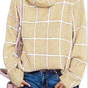 Plidinna Sweater Turtleneck Knit Long Sleeves Pullover Plaid Side Split